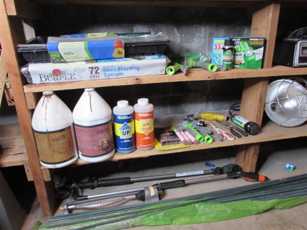 GARDENING SUPPLIES - CONTENTS OF 2 SHELVES & FLOOR