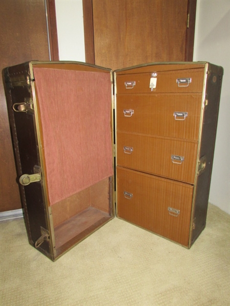 ANTIQUE WARDROBE TRAVEL TRUNK W/KEYS