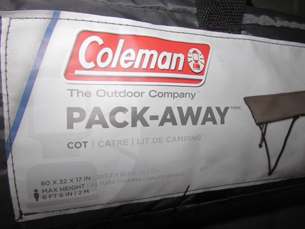 COLEMAN PACKAWAY COT, COT POCKETS & TENT FRAME