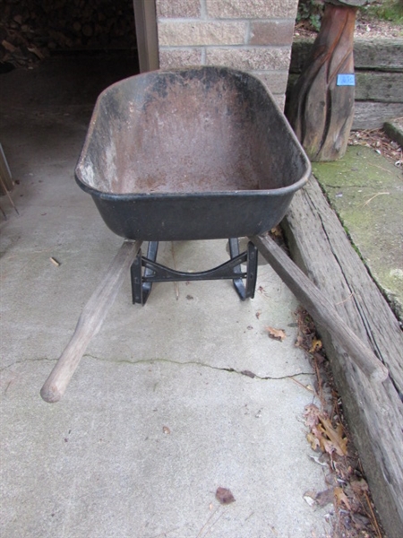 WHEELBARROW, YARD TOOLS, AXE & MORE