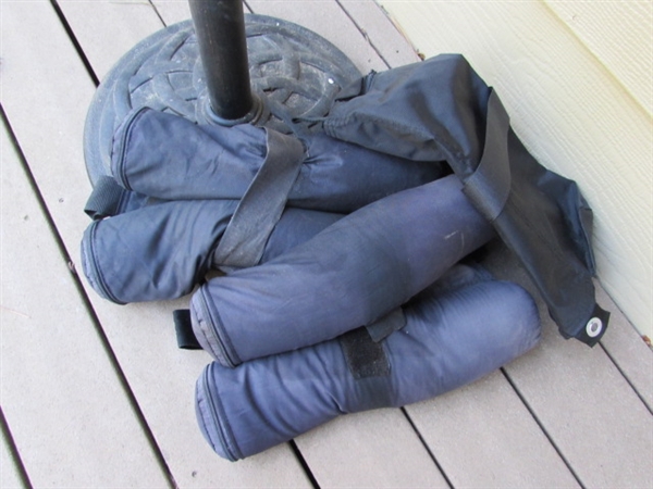 PATIO UMBRELLA WITH CAST IRON BASE & SANDBAGS