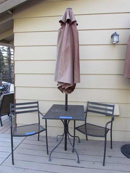 SMALL METAL PATIO TABLE W/2 MATCHING CHAIRS AND UMBRELLA