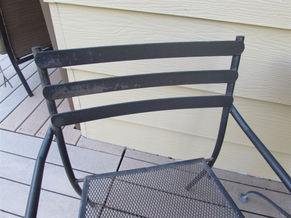 SMALL METAL PATIO TABLE W/2 MATCHING CHAIRS AND UMBRELLA