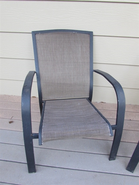 PAIR OF METAL PATIO SLING CHAIRS & CUSHIONS