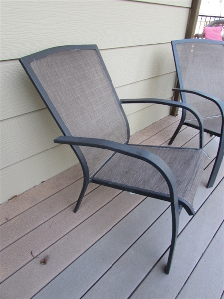 PAIR OF METAL PATIO SLING CHAIRS & CUSHIONS