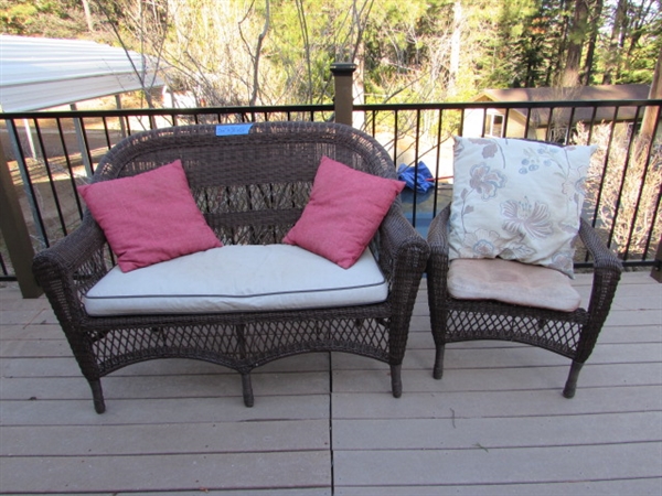 METAL FRAMED WICKER BENCH & CHAIR W/CUSHIONS