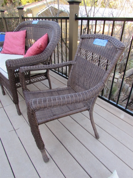 METAL FRAMED WICKER BENCH & CHAIR W/CUSHIONS