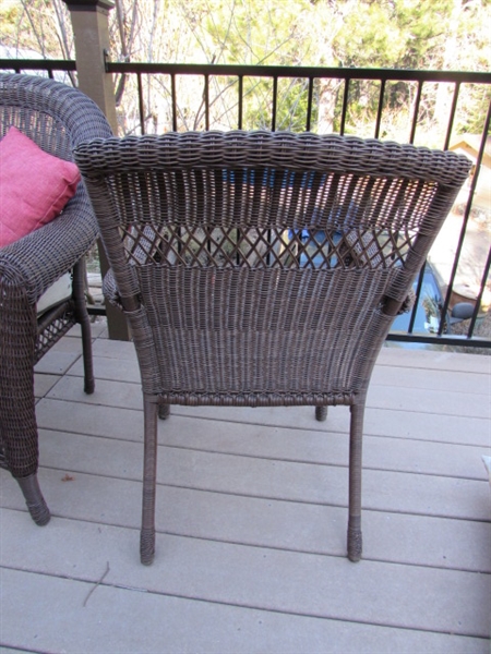 METAL FRAMED WICKER BENCH & CHAIR W/CUSHIONS