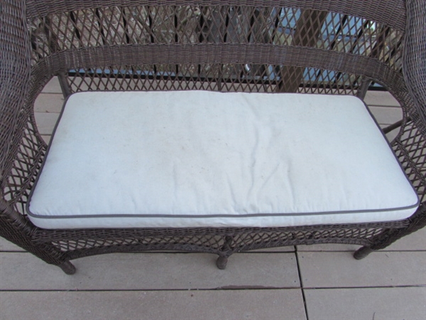 METAL FRAMED WICKER BENCH & CHAIR W/CUSHIONS