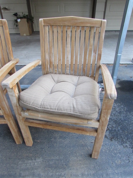 4 TEAK PATIO CHAIRS W/SUNBRELLA CUSHIONS