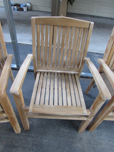 4 TEAK PATIO CHAIRS W/SUNBRELLA CUSHIONS