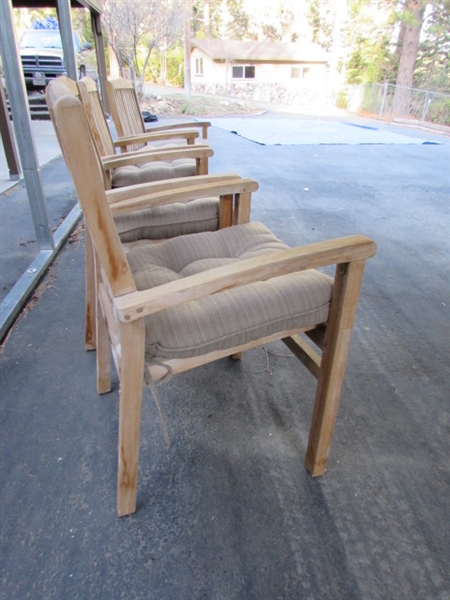 4 TEAK PATIO CHAIRS W/SUNBRELLA CUSHIONS