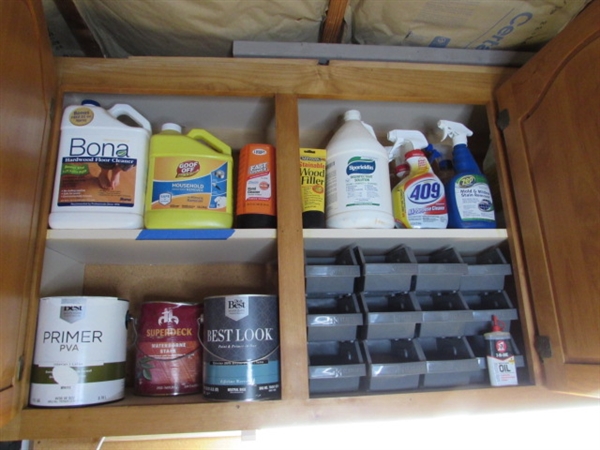 CUPBOARD CONTENTS - SORTING BINS, PAINT, CLEANERS, ETC.