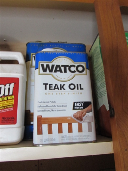 CONTENTS OF CUPBOARD - MINERAL SPIRITS, GOOF-OFF, TEAK OIL & MORE