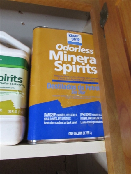 CONTENTS OF CUPBOARD - MINERAL SPIRITS, GOOF-OFF, TEAK OIL & MORE