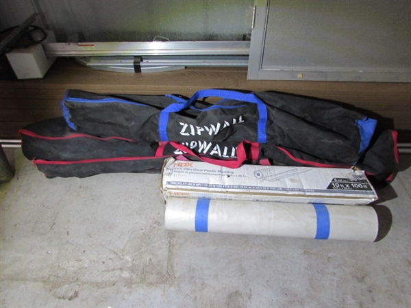 ZIPWALL DUST BARRIER SYSTEM (THREE SETS) AND TWO ROLLS OF CLEAR PLASTIC SHEETING (10X100FT)