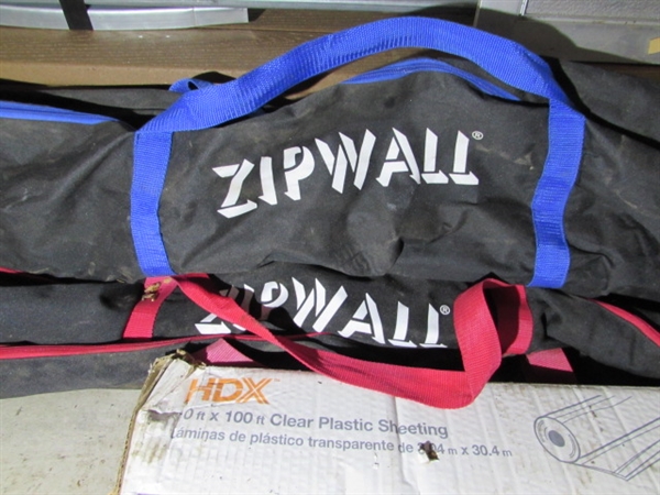 ZIPWALL DUST BARRIER SYSTEM (THREE SETS) AND TWO ROLLS OF CLEAR PLASTIC SHEETING (10X100FT)