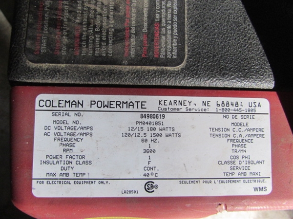 COLEMAN POWERMATE SPORT 1850 PLUS MODEL PM0401851 PORTABLE GENERATOR
