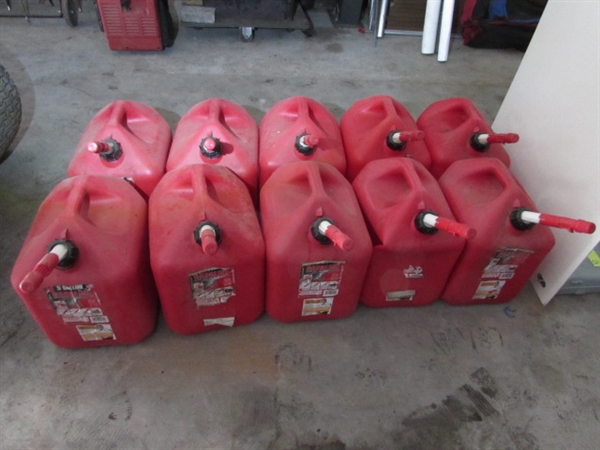 TEN, 5-GALLON GAS CANS WITH SPOUTS AND CAPS