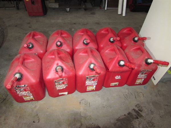 TEN, 5-GALLON GAS CANS WITH SPOUTS AND CAPS