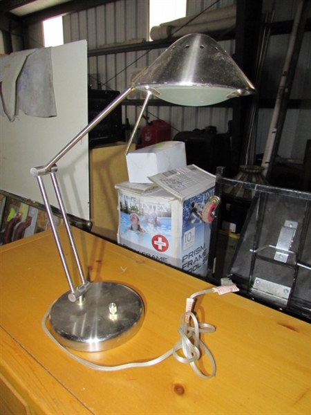 PINE DRESSER, MIRROR, CHAIR, AND DESK LAMP