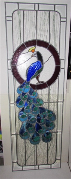 PAIR OF 5 FT PEACOCK STAINED GLASS DOOR WINDOWS