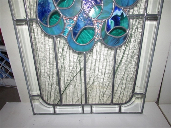 PAIR OF 5 FT PEACOCK STAINED GLASS DOOR WINDOWS