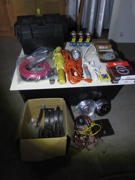 AUTO MISC. WITH CRANKSHAFT PULLEYS, OIL SEALS, WORKLIGHT, EXT CORDS & MORE