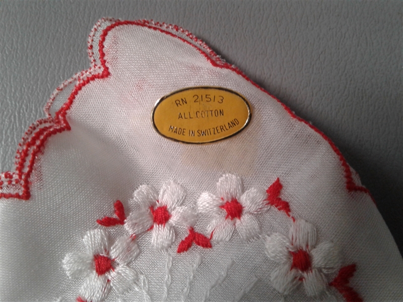 Cotton Vintage Swiss Hanging Lantern Floral Embroidered Handkerchief - Switzerland