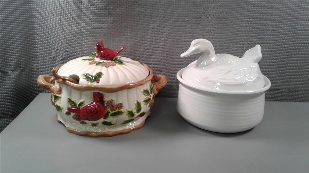 Cardinal Soup Tureen With Spoon & Duck Lidded Serving Bowl
