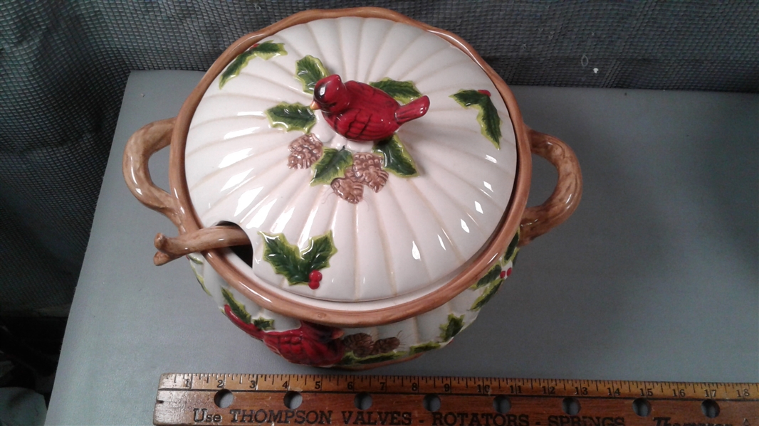Cardinal Soup Tureen With Spoon & Duck Lidded Serving Bowl