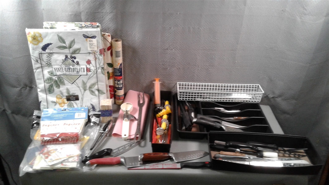 Table Cloths, Boxes, Kitchen Knives, Silicone Baking Mats, & Other Kitchen Utensils