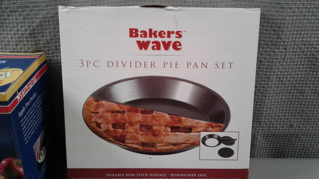 All New- Burner Covers, Eggplate, Starfrit Apple Peeler, 3 Pc Divider Pie Pan, Silverplate Coaster