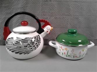 Vintage Kamenstein Rooster Teapot & Metalac Enamel Pot W/Lid