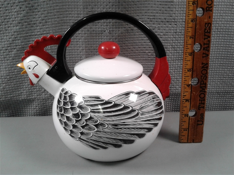 Vintage Kamenstein Rooster Teapot & Metalac Enamel Pot W/Lid
