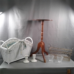 Plant Stand, Wicker Basket & Candle Holders