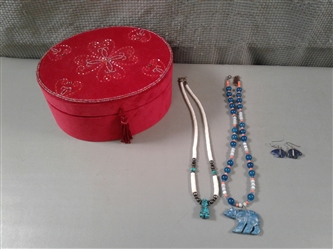 Carved Zuni Bear Jewelry in Stone-Turquoise, Lapis, and Sodalite. Possibly Sterling