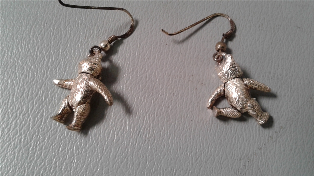Sterling Silver Poseable Bear Earrings & Sterling Silver Chain w/Bear Pendant