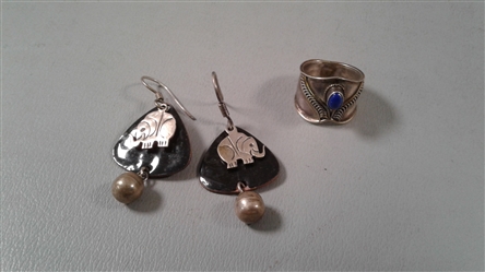 Sterling Silver 925 Ring With Blue Stone & Sterling Silver and Copper Elephant Earrings