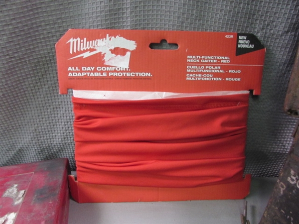Milwaukee Neck Gaiter, Metal Ammo Can W/Tools, Rubber Gaskets, & Socket Set