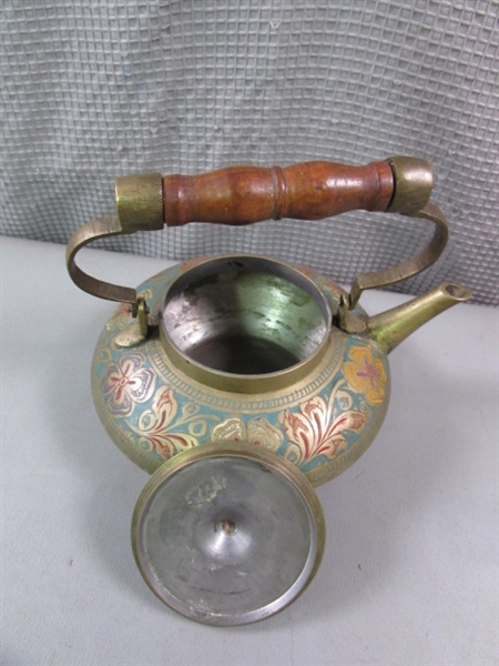Brass Teapot W/Wood Handle & Tapestry