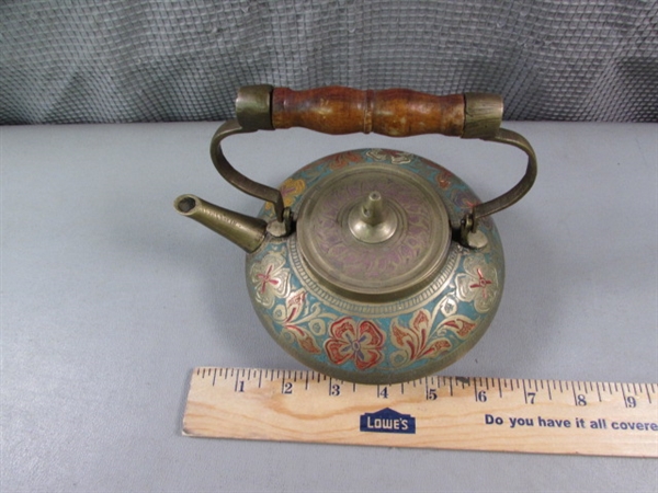 Brass Teapot W/Wood Handle & Tapestry
