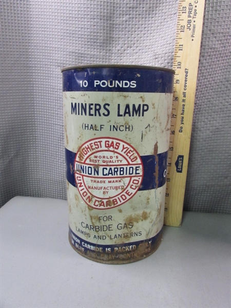 Vintage Miners Lamp Union Carbide, Chevron Handy Oil, and Empty Chevron Jug