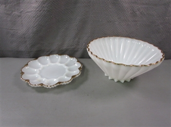Vintage Milk Glass with Gold Trim Punch Bowl & Egg Plate