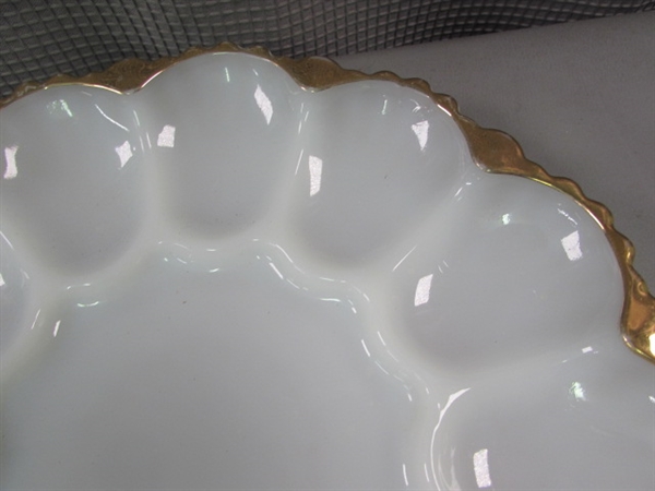 Vintage Milk Glass with Gold Trim Punch Bowl & Egg Plate