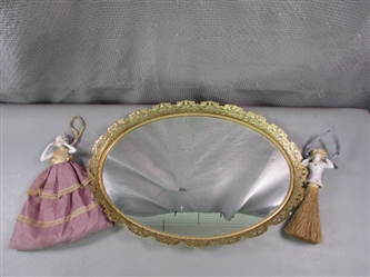 Dresser Tray Mirror w/Vintage Porcelain Lady Brush & Potpourri