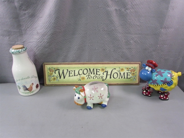 Welcome Sign, Cow, Sheep, and Milk Jug Piggy Banks