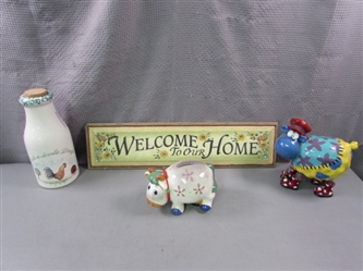Welcome Sign, Cow, Sheep, and Milk Jug Piggy Banks