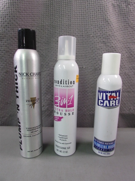 Mousse and Nick Chavez Thickening Hairspray. Nick Chavez, Clairol, and Professional Vital Care
