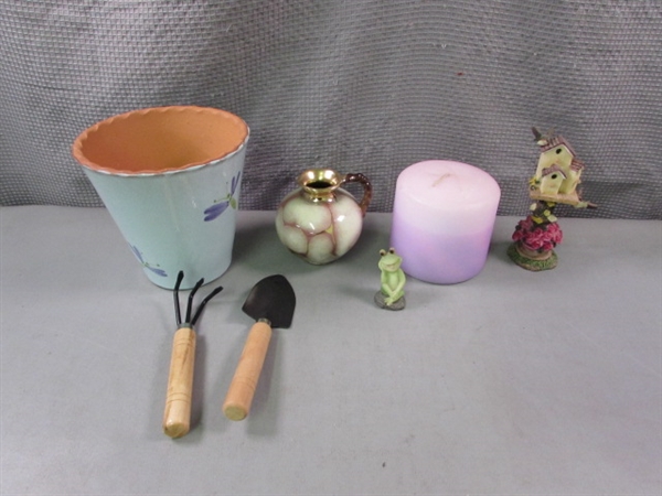 Planter, Garden Trinkets, Tools, Candle, and Ceramic Urn